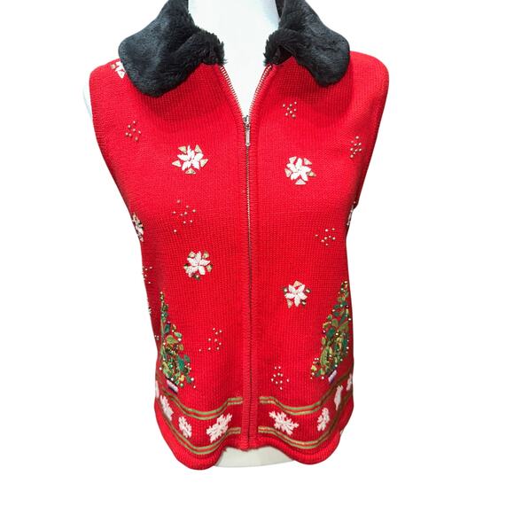 Women’s Christmas Vest sleeveless Fuzzy Collar Snowflakes Christmas Tree S Red - Picture 1 of 9